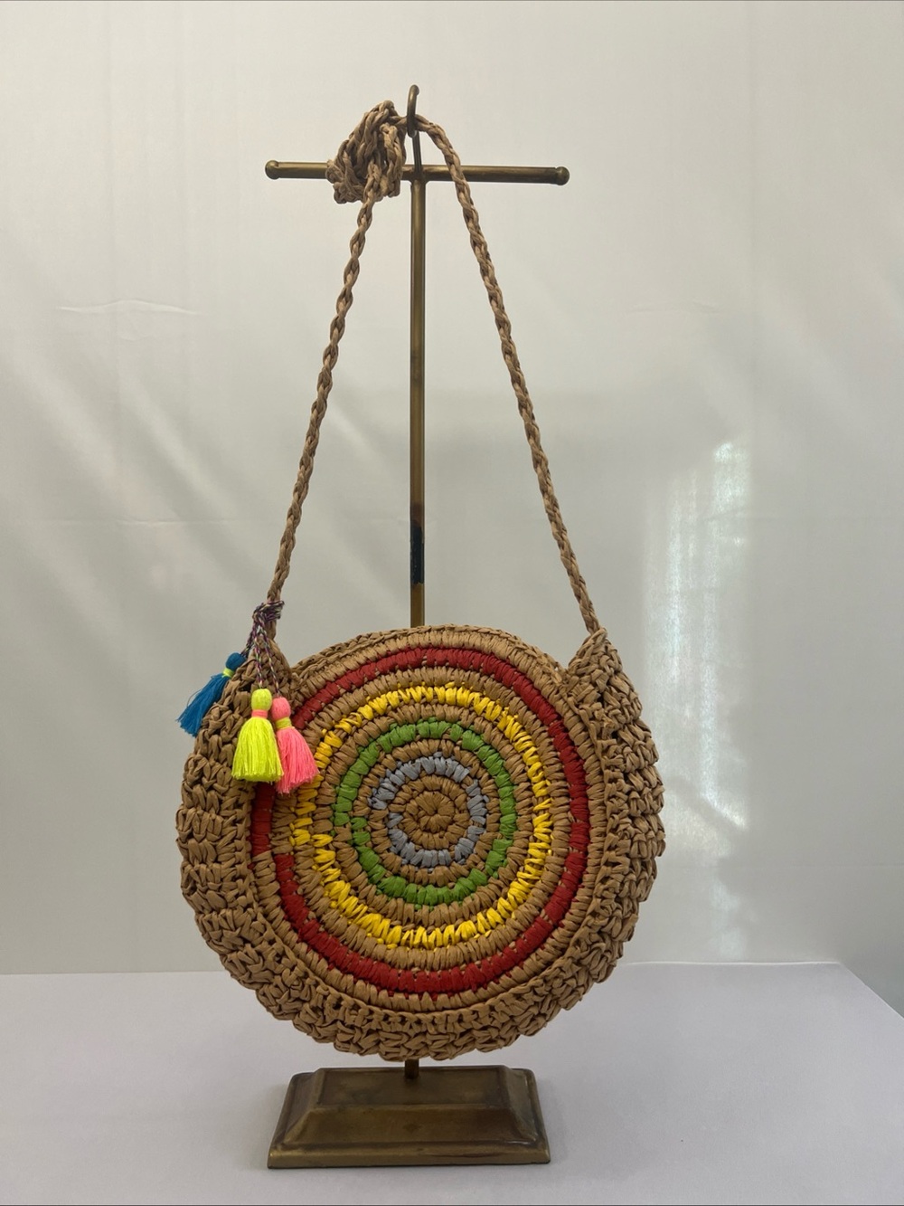 Boho Round Straw Crossbody Crotchet Paper Yarn Multi-Color Circle Tassel Summer